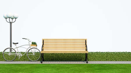 bench and  bicycle in park with white background - 3d renderingの写真素材