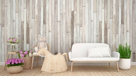 teddy bear on armchair with flower and wood wall in kid room or nursery - 3D Renderingの写真素材