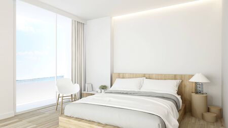bedroom with balcony and sea view in hotel or apartment - Interior design - 3D Renderingの写真素材
