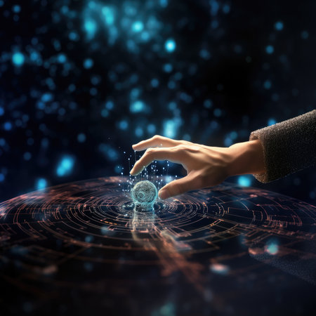 Man hand touching global network hologram on dark background 3D renderingの素材