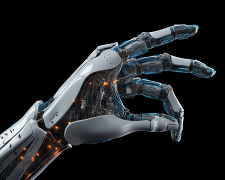 AI, robot hand and human handshake in big data network connection, data exchange, science and technology artificial intelligence, future innovationの素材