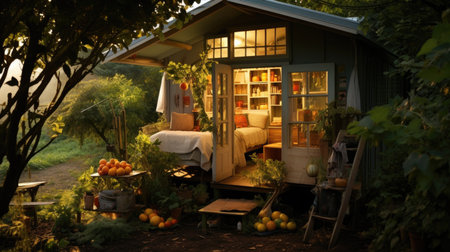 Sunset in the garden with a wooden house and a lot of fruitsの素材