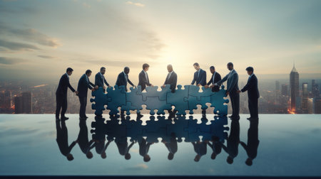 Teamwork, business people, team meetings, unity are the jigsaw of success.の素材