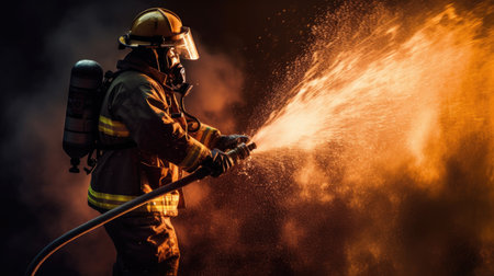 Brave firefighters use a fire extinguisher and water from a hose to extinguish a large fire.の素材