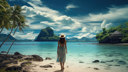 Woman traveling with camera and backpack, walking on the beach, fun vacation with natureの素材