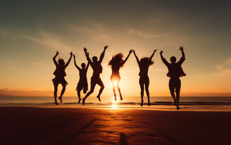 Silhouette of group of young people jumping on the beach at sunsetの素材