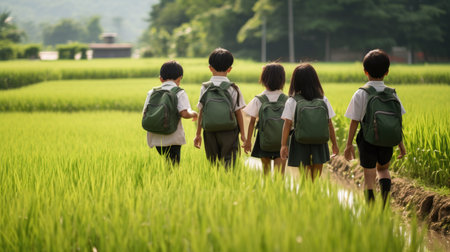 Photographs of Thai boys and girls wearing kindergarten uniforms walking with backpacks through rice fields on their way to school in the morning.の素材