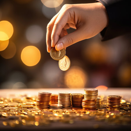 The finger is placing a gold coin on top. It's like saving money for business, with golden bokehの素材