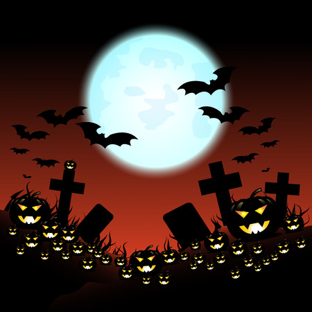 Halloween night with pumpkins and blue Moon, Vector, EP10, illustration.のイラスト素材