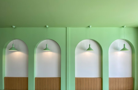 The green walls are built into arch niches and decorated with lanterns.の写真素材