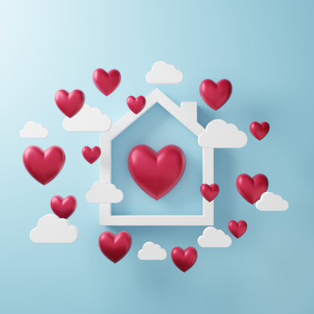 3D illustration of love and valentine day, White house frame, White cloud and Red heart float on the blue background. 3D Renderingの写真素材