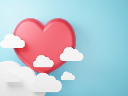 3D illustration of love and valentine day, White cloud and Red heart float on the blue background. 3D Renderingの写真素材