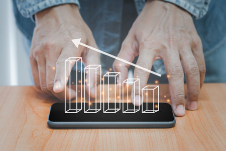 Business finance technology and investment concept with 3D graph pop up on smart phone. Stock...
