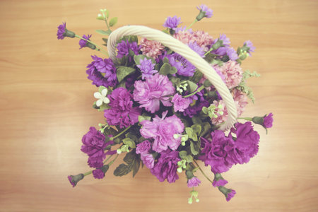 flower basket on wood top view - Vintage effect style picturesの写真素材