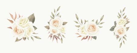 Watercolor flowers set in a bouquet of white roses and vintage style leaves.のイラスト素材