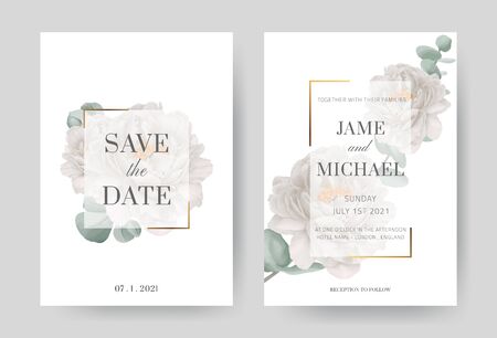 Watercolor white peony wedding invitation card in gold frame. Eucalyptus leaves. Beautiful greeting card . Set card template.のイラスト素材