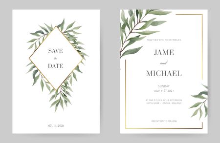 Green Eucalyptus Leaf Wedding Invitation, White Background, Gold Frame, Minimalist Design.のイラスト素材