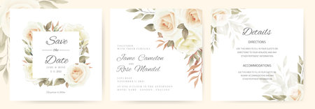 Wedding invitation card. Bouquet of white roses, brown leaves drawn with vintage style. Template set card.のイラスト素材