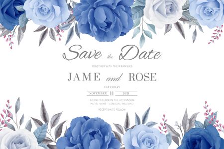 Wedding invitation card. Save the date. Flowers, blue roses and blue peony.のイラスト素材