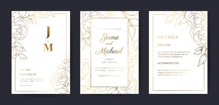 Gold flower background wedding invitation template with golden rose peony flowers.のイラスト素材