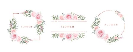 Watercolor flower frame Rose Eucalyptus. Template wedding invitation card. Rose metallic frame.のイラスト素材
