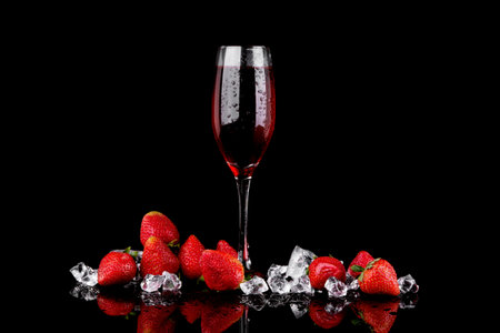 Red strawberry with glass of champagne on black backgroundの写真素材