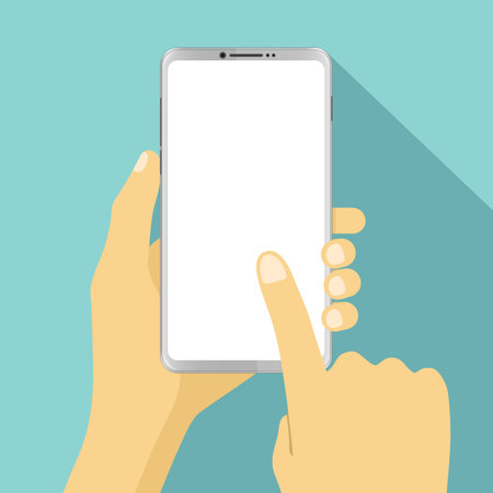 Hand holding smartphone and finger touch with blank white screen. vector illustrationのイラスト素材
