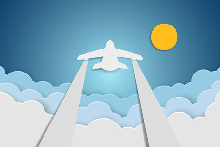 Paper airplane flying above clouds in blue sky. vector illustration