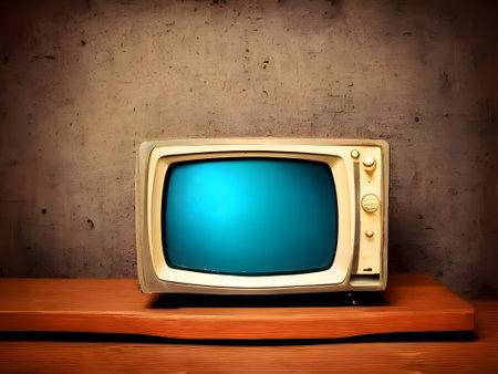 an old tv sitting on top of a wooden table. Generative AI.の素材