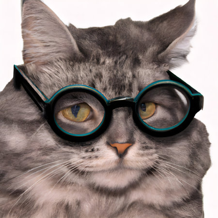 Close-up shot of cute cat face wearing round glasses. Generative AIの素材