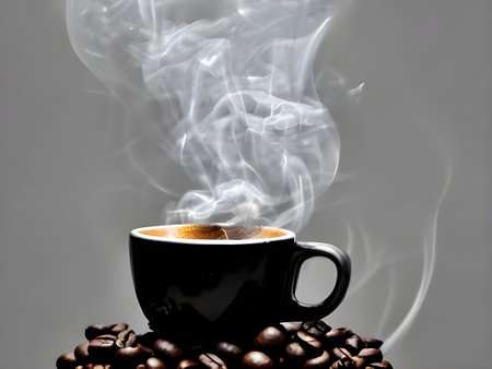 a cup of coffee with steam rising out of it. Generative AI.の素材