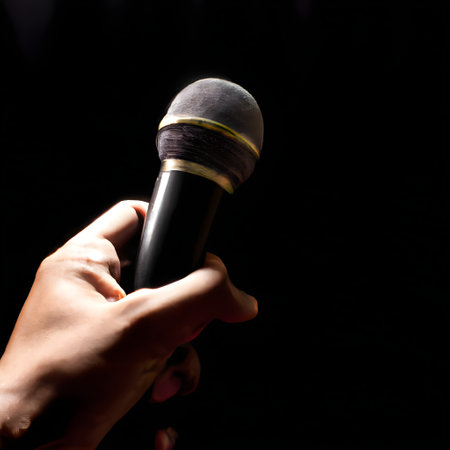 Person holding a microphone in hand on black background. Generative AIの素材