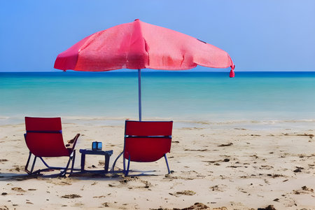 a couple of red chairs sitting under a pink umbrella on the beach. Generative AIの素材