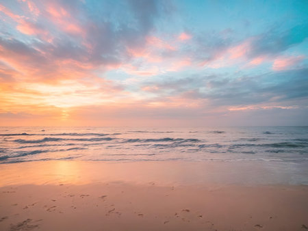 Beautiful tropical beach and sea at sunset time for travel and vacation. Generative AIの素材