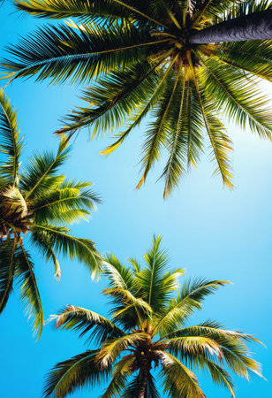 Tropical coconut palm tree canopy from a low angle view in summer.の素材