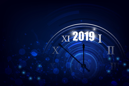 2019 Happy New Year banner with  round clock. Vector illustration.のイラスト素材