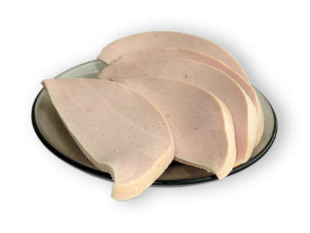 Five slices of sausage on a brown transparent saucerの写真素材