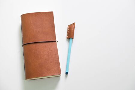 Leather notebook and crafting with pencil cover caseの写真素材