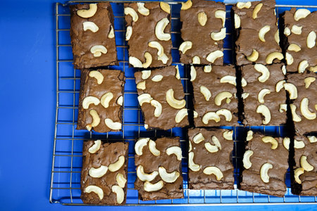 Cake chocolate brownies on blue tableの写真素材