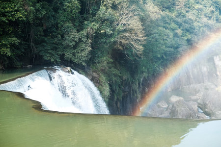 Beautiful of rainbow at Shifen Waterfall in Taiwan, close upの写真素材
