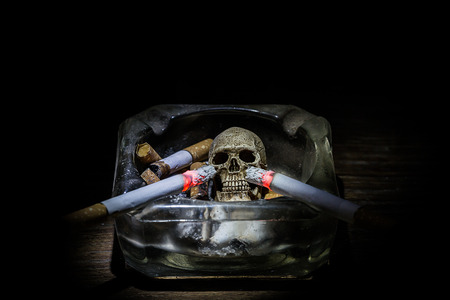 Still life skull and cigarette in glass ashtray. When people  smoke cigarette and get toxin very dangerous in body look like go to way to dry. In the day \" World No Tobacco Day\" please  quit or stop smoke cigarette for  good health and better life.の写真素材