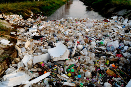 CHIANG RAI, THAILAND - APRIL 24, 2019 : Water Pollution : Dirty canal irrigation are full with...