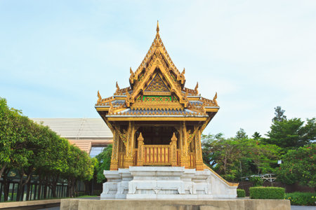 Side view of golden architectural at Queen Sirikit National Convention Center, at Bangkok, Thailand の写真素材