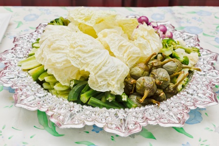 Many Thai vegetable for eating with chili sauceの写真素材