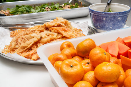 Dinner with Minced meat, Fried prawn balls and fruits