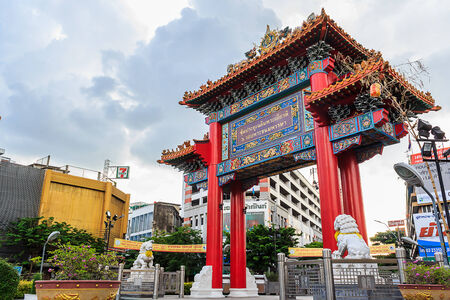 Bangkok, Thailand - October 11: Chinatown arch marks the beginning of famous Yaowarat Road on October 11, 2014 in Bangkok, Thailandのeditorial素材