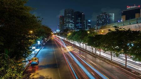 Bangkok, Thailand - July 24, 2015: Night view of Bangkok with traffic trails on July 24, 2015のeditorial素材