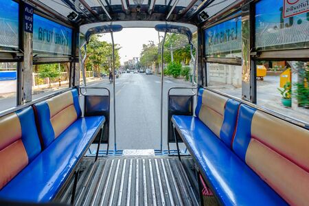 Suphanburi, Thailand - April 4, 2016: Interior of an old mini bus,Thailandのeditorial素材