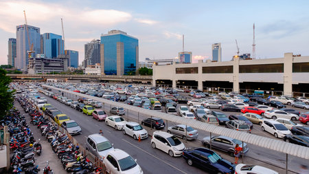 Bangkok, Thailand - April 18, 2016: Parking lot and skyline next to Chatuchak Market on April 18,,...