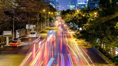 Bangkok, Thailand - April 18, 2016: Cityscape of light trails with blurred colors on the street at nightのeditorial素材